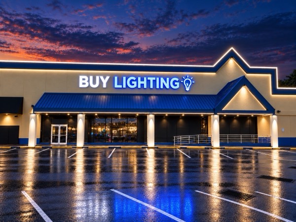 Commercial building roofline outlined in LED at dusk