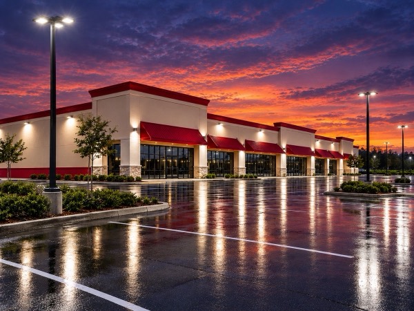 Plaza parking lot lit by LED pole lights and wall packs