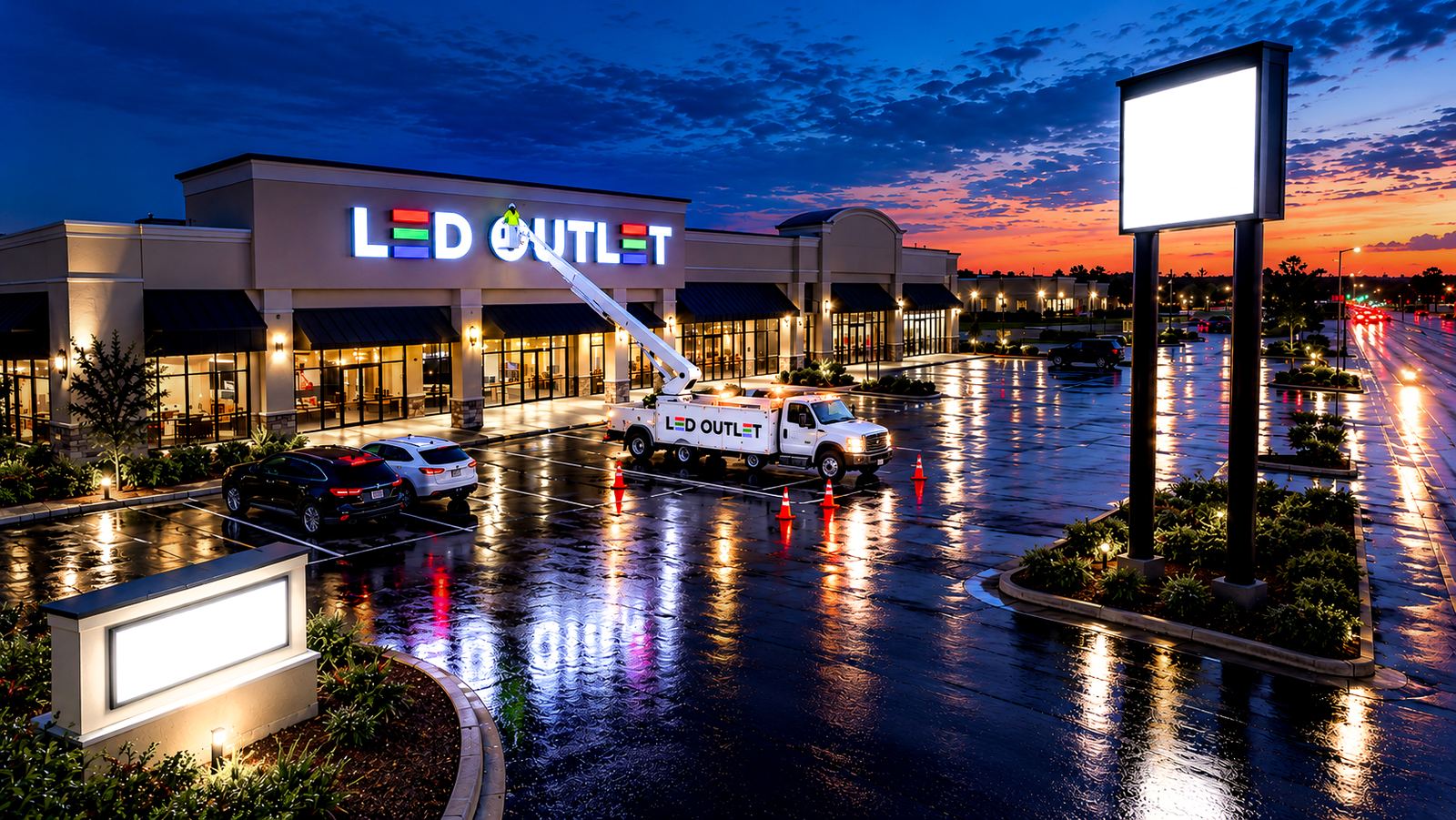 LED OUTLET bucket truck servicing channel letters at a plaza with a pylon sign and a monument sign at dusk