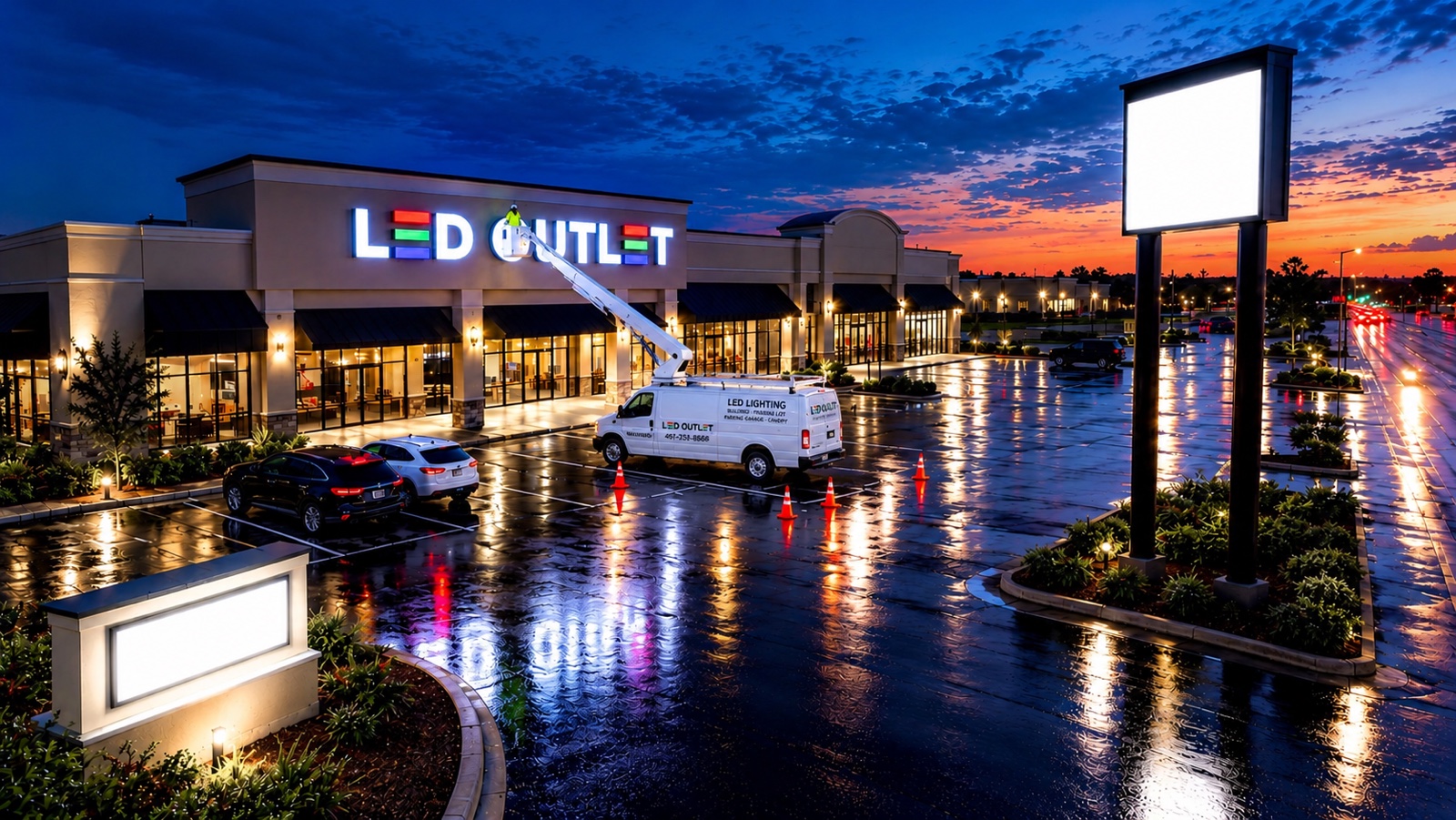 LED OUTLET bucket van servicing the LED OUTLET channel letters at a plaza at dusk, Orlando FL