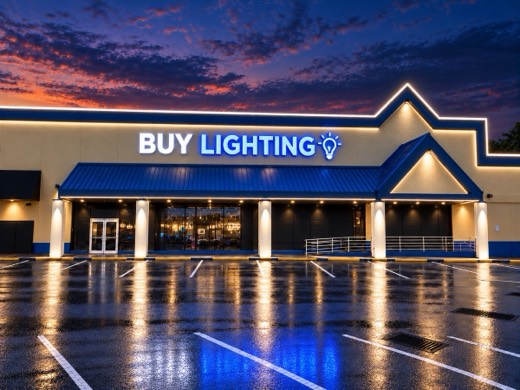 Commercial building roofline outlined in LED at dusk