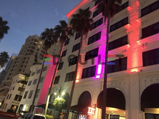 Hotel facade with pink RGB LED edge lighting