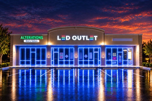 Storefront with windows and doors outlined in blue LED
