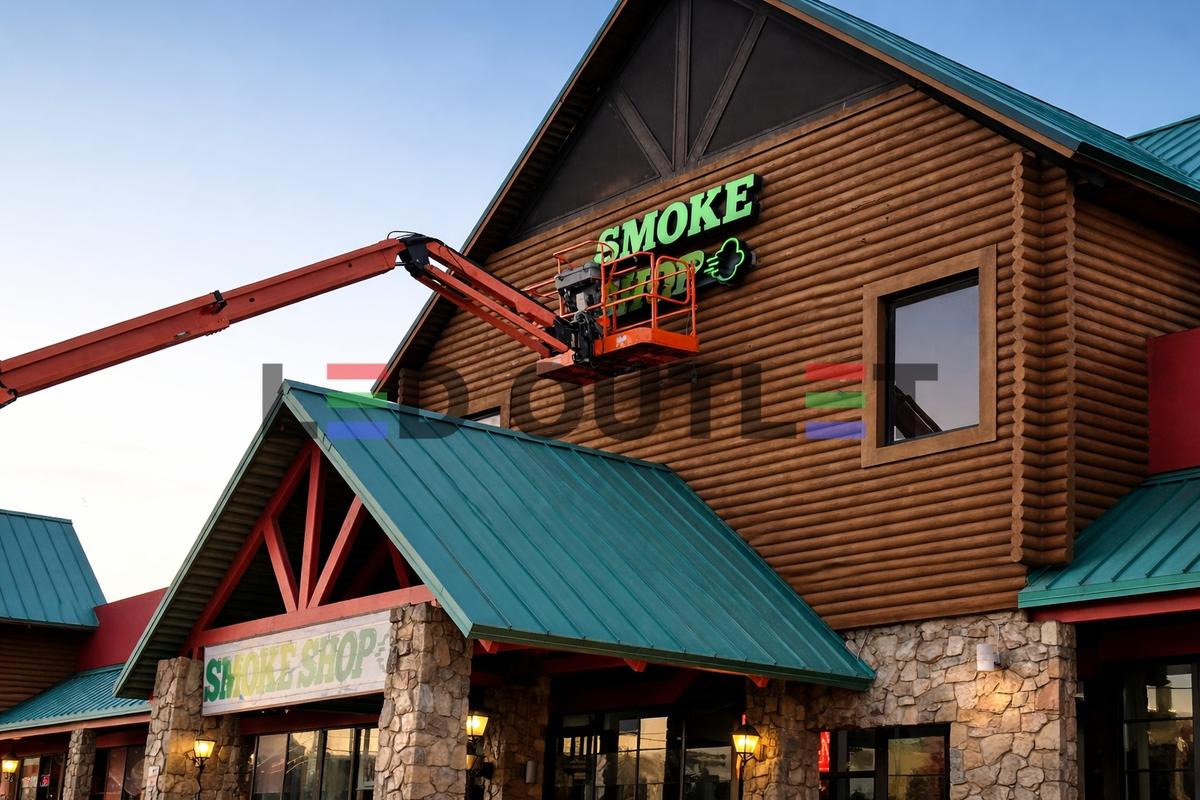 LED Outlet bucket truck doing sign work
